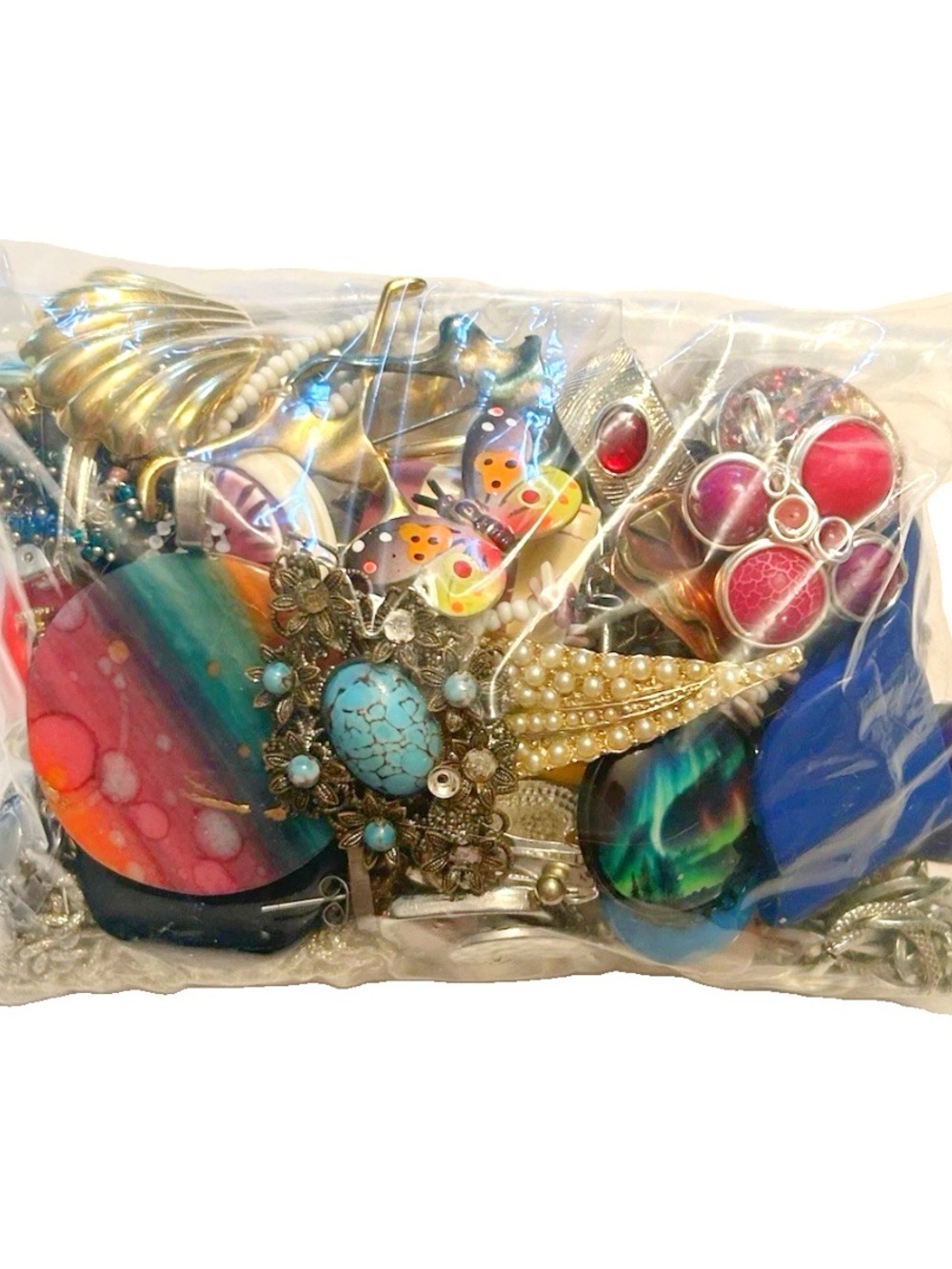 Jewelry Lot Bag Necklaces Earrings Gold Silver Tone Colourful Gem Pearl Beaded